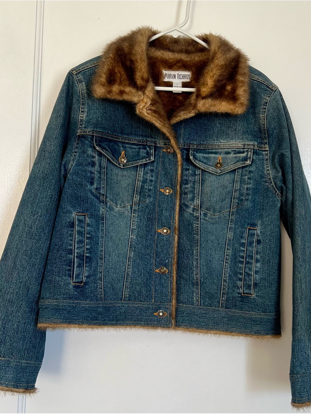 Vintage Marvin Richards Denim Jacket with Brown Faux Fur Trim